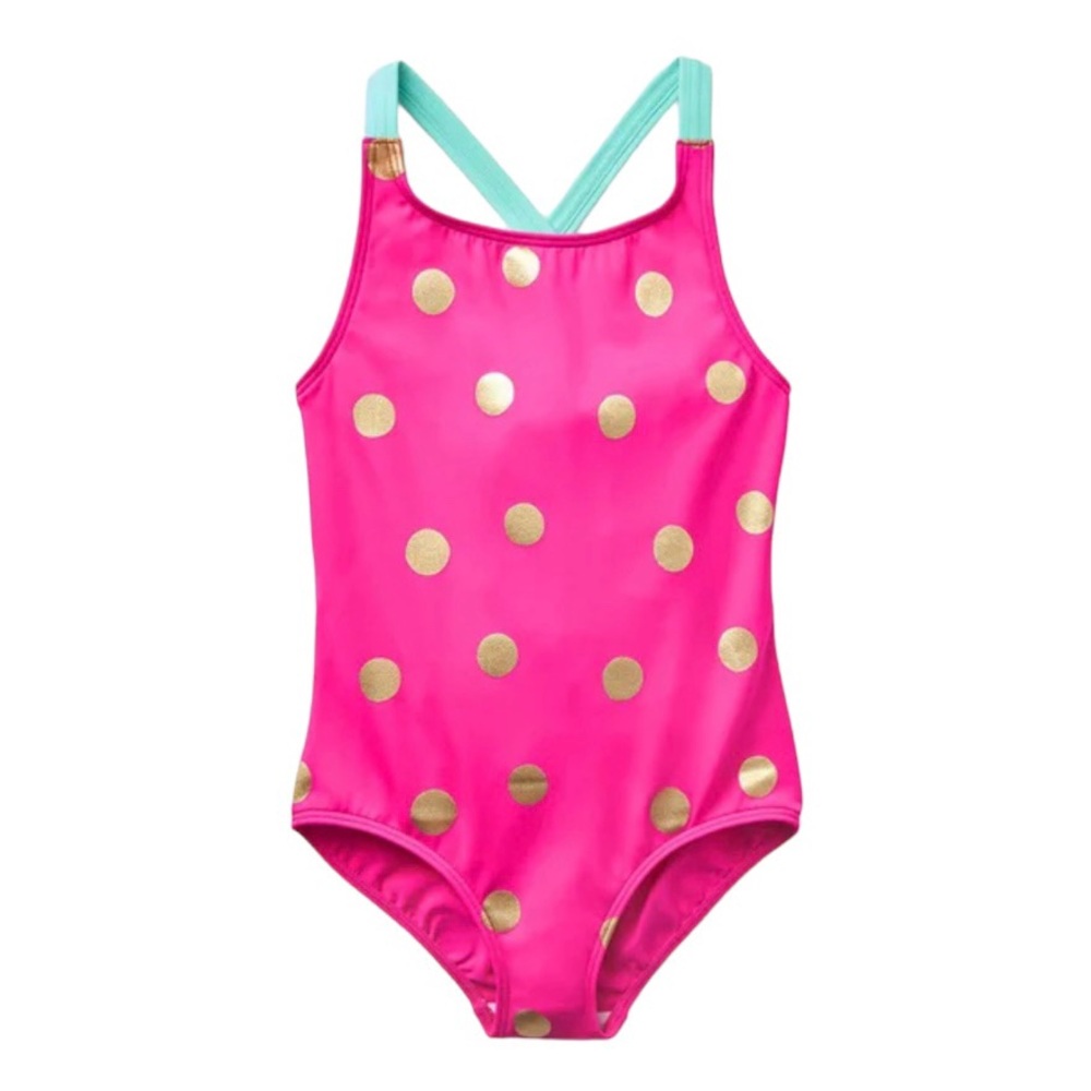 Mini Boden Pink & Teal Cross-back Gold Foil Polka Dot Printed Swimsuit